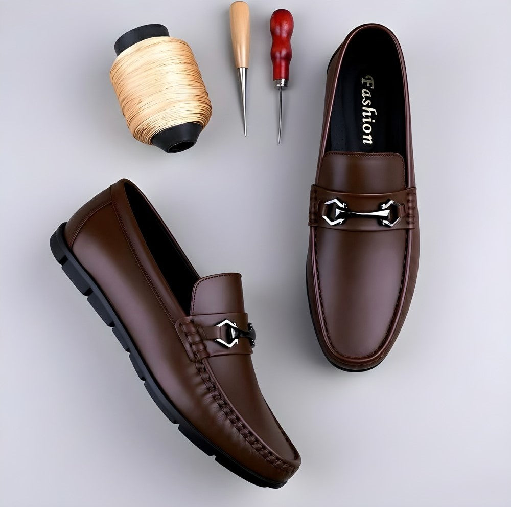 Men's Synthetic Leather Solid Slip-On Casual Loafers With Metal Bit (Brown)