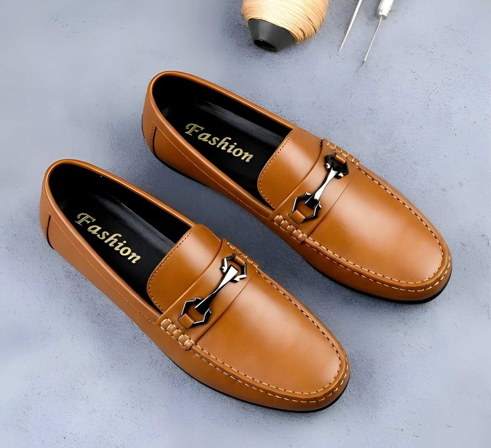 Men's Synthetic Leather Solid Slip-On Casual Loafers With Metal Bit (Tan)