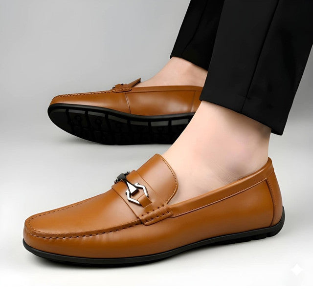 Men's Synthetic Leather Solid Slip-On Casual Loafers With Metal Bit (Tan)