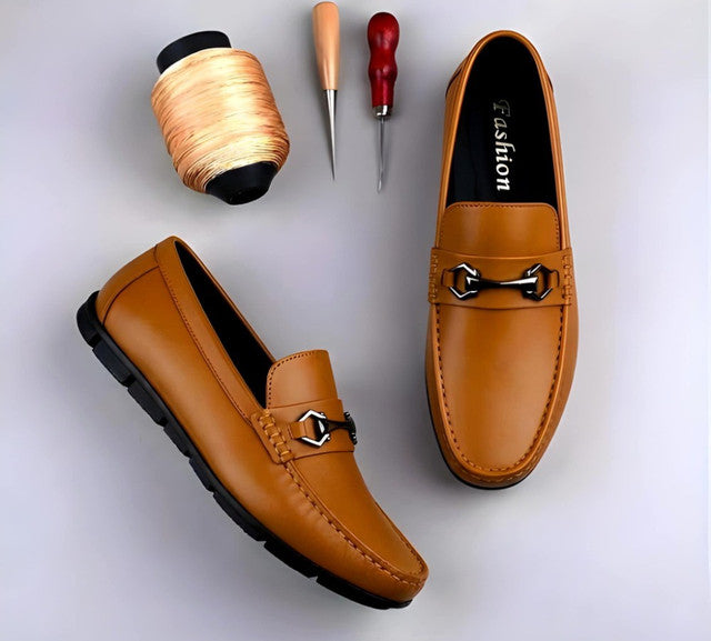 Men's Synthetic Leather Solid Slip-On Casual Loafers With Metal Bit (Tan)