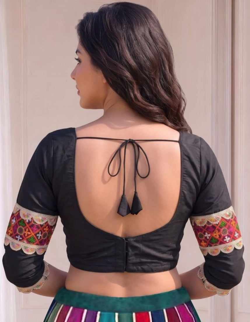 Women's Cotton Blend Embroidered 3/4 Sleeve V-Neck Padded Readymade Blouse (Black, Size 38 - Self-Alterable 36�40)