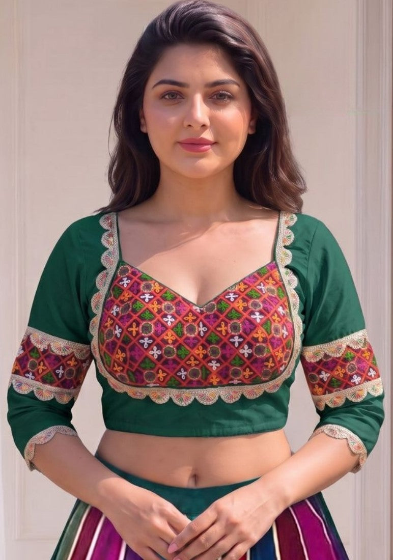 Women's Cotton Blend Embroidered 3/4 Sleeve V-Neck Padded Readymade Blouse (Green, Size 38 - Self-Alterable 36�40)