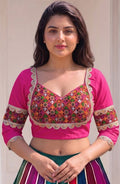 Women's Cotton Blend Embroidered 3/4 Sleeve V-Neck Padded Readymade Blouse (Pink, Size 38 - Self-Alterable 36�40)