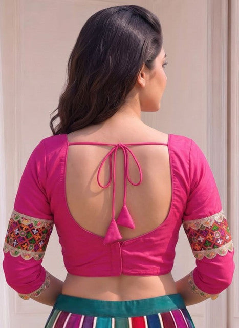 Women's Cotton Blend Embroidered 3/4 Sleeve V-Neck Padded Readymade Blouse (Pink, Size 38 - Self-Alterable 36�40)