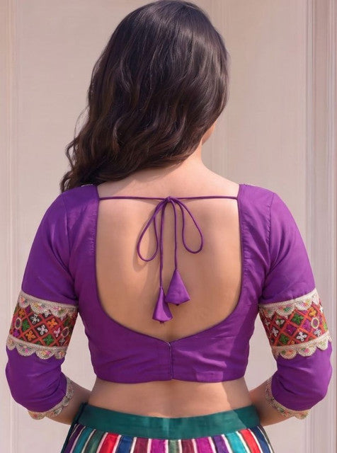 Women's Cotton Blend Embroidered 3/4 Sleeve V-Neck Padded Readymade Blouse (Purple, Size 38 - Self-Alterable 36�40)