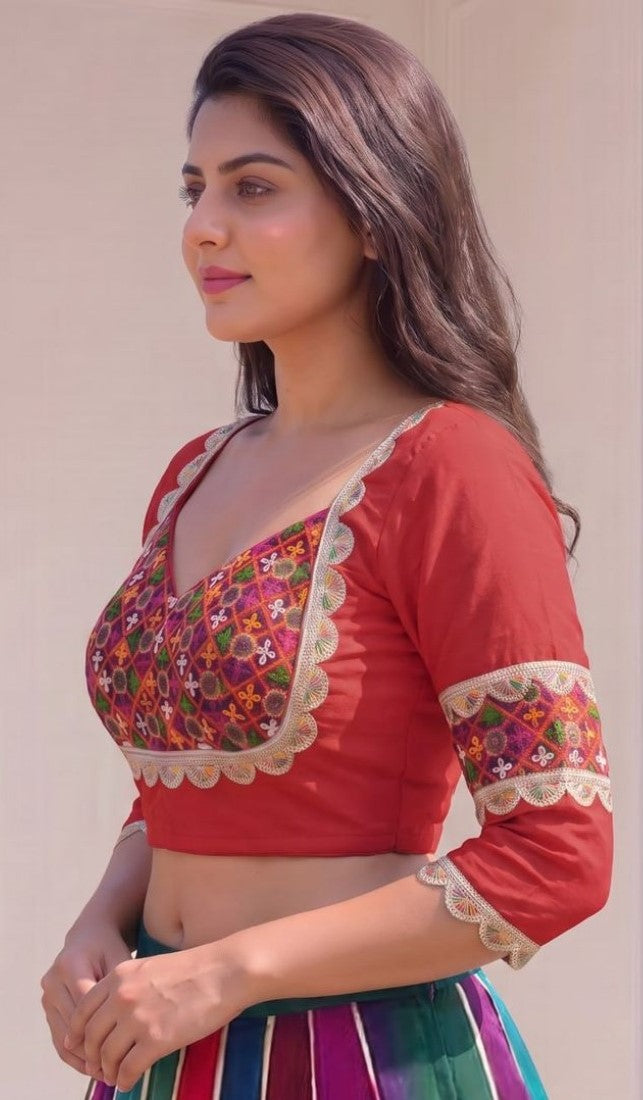 Women's Cotton Blend Embroidered 3/4 Sleeve V-Neck Padded Readymade Blouse (Red, Size 38 - Self-Alterable 36�40)