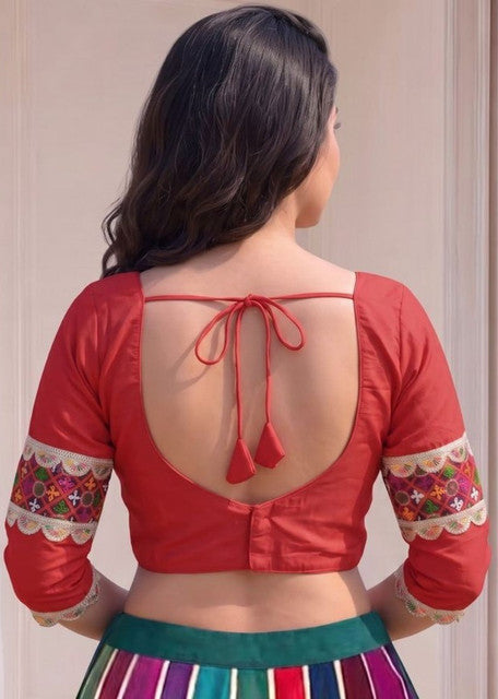 Women's Cotton Blend Embroidered 3/4 Sleeve V-Neck Padded Readymade Blouse (Red, Size 38 - Self-Alterable 36�40)