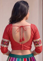 Women's Cotton Blend Embroidered 3/4 Sleeve V-Neck Padded Readymade Blouse (Red, Size 38 - Self-Alterable 36�40)