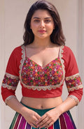 Women's Cotton Blend Embroidered 3/4 Sleeve V-Neck Padded Readymade Blouse (Red, Size 38 - Self-Alterable 36�40)