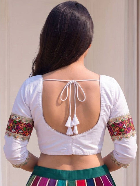 Women's Cotton Blend Embroidered 3/4 Sleeve V-Neck Padded Readymade Blouse (White, Size 38 - Self-Alterable 36�40)