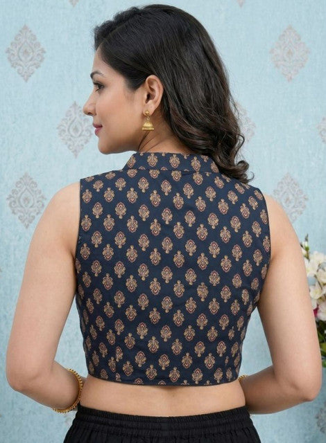 Women's Ajrakh Cotton Ajarkh Sleeveless Collar Neck Padded Readymade Blouse (Black, Size 38 - Self-Alterable 36�40)