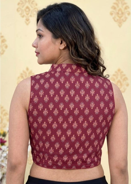 Women's Ajrakh Cotton Ajarkh Sleeveless Collar Neck Padded Readymade Blouse (Maroon, Size 38 - Self-Alterable 36�40)