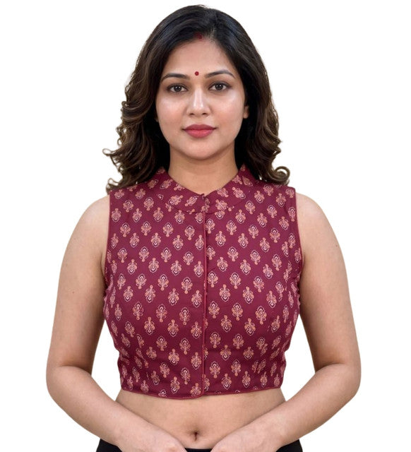 Women's Ajrakh Cotton Ajarkh Sleeveless Collar Neck Padded Readymade Blouse (Maroon, Size 38 - Self-Alterable 36�40)