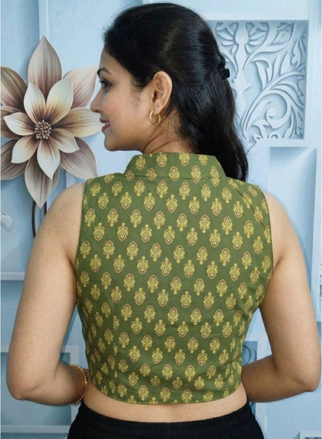 Women's Ajrakh Cotton Ajarkh Sleeveless Collar Neck Padded Readymade Blouse (Olive, Size 38 - Self-Alterable 36�40)