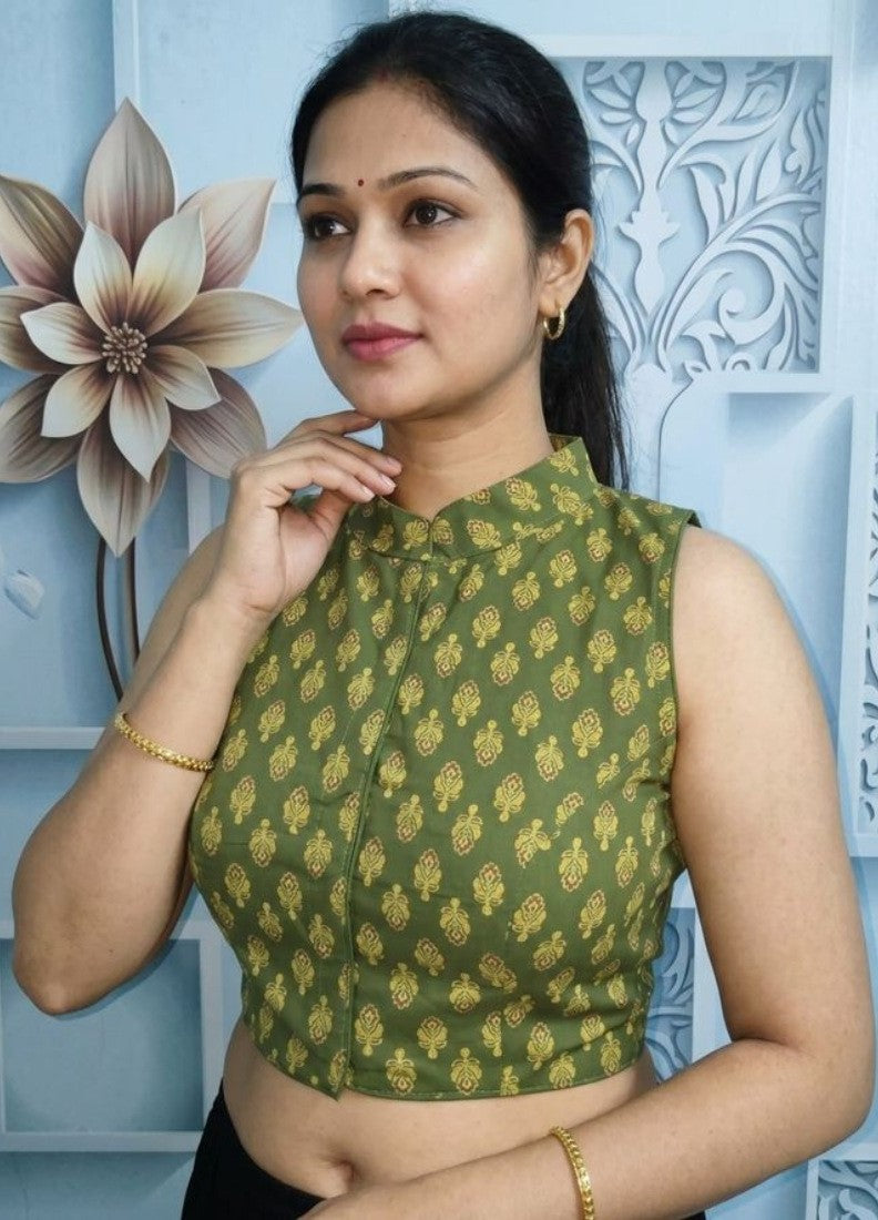 Women's Ajrakh Cotton Ajarkh Sleeveless Collar Neck Padded Readymade Blouse (Olive, Size 38 - Self-Alterable 36�40)