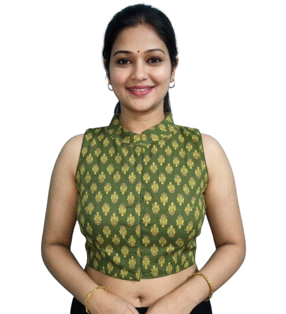 Women's Ajrakh Cotton Ajarkh Sleeveless Collar Neck Padded Readymade Blouse (Olive, Size 38 - Self-Alterable 36�40)