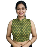 Women's Ajrakh Cotton Ajarkh Sleeveless Collar Neck Padded Readymade Blouse (Olive, Size 38 - Self-Alterable 36�40)