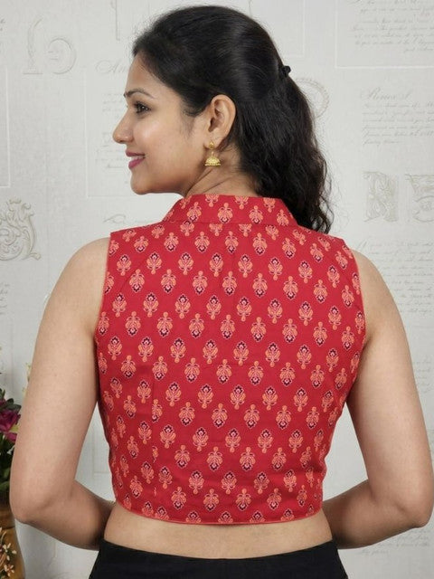 Women's Ajrakh Cotton Ajarkh Sleeveless Collar Neck Padded Readymade Blouse (Red, Size 38 - Self-Alterable 36�40)