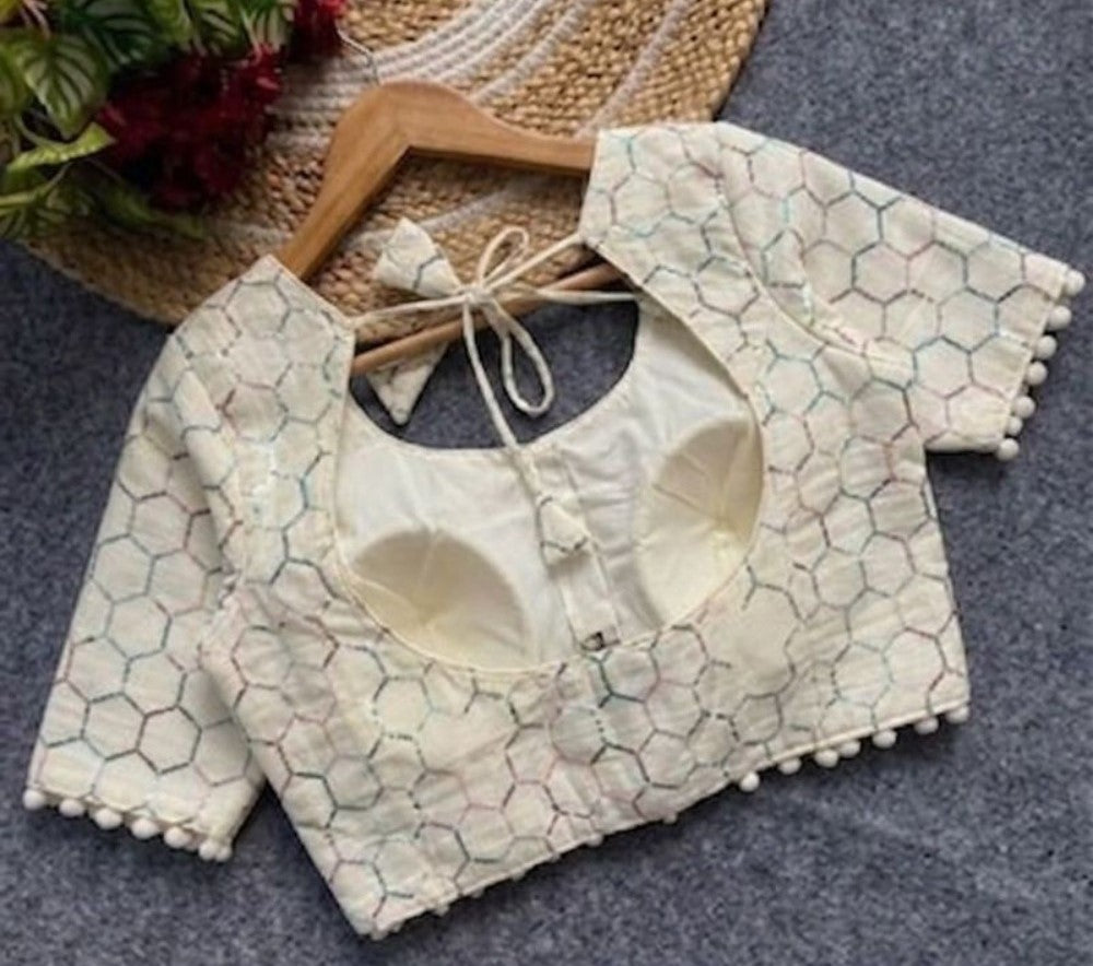Women's Cotton Printed Half sleeve Round Neck Padded Readymade Blouse (Cream, Size 38 - Self-Alterable 36�40)