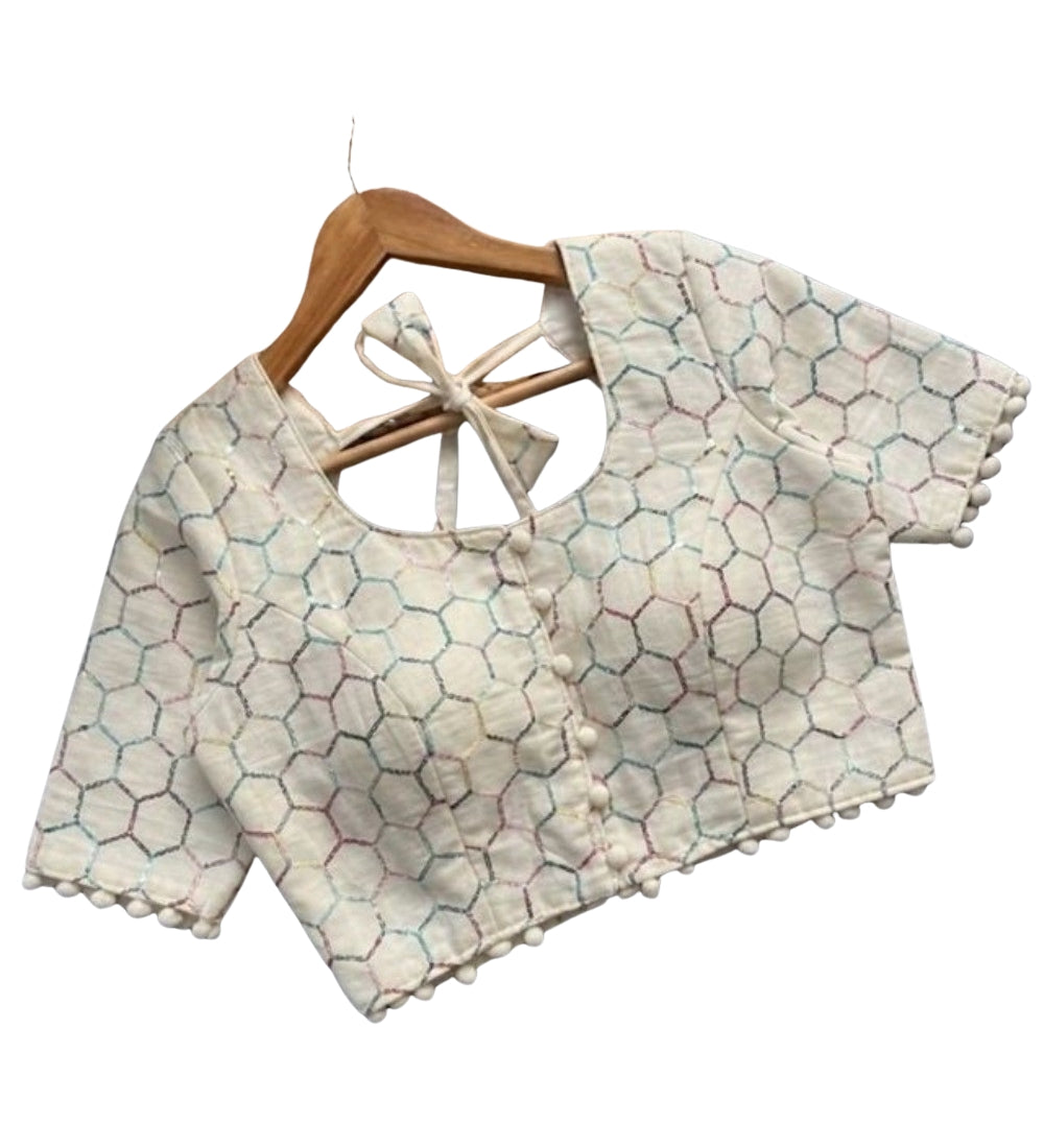 Women's Cotton Printed Half sleeve Round Neck Padded Readymade Blouse (Cream, Size 38 - Self-Alterable 36�40)