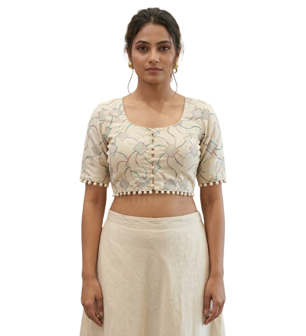 Women's Cotton Printed Half sleeve Round Neck Padded Readymade Blouse (Cream, Size 38 - Self-Alterable 36�40)