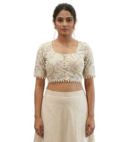 Women's Cotton Printed Half sleeve Round Neck Padded Readymade Blouse (Cream, Size 38 - Self-Alterable 36�40)