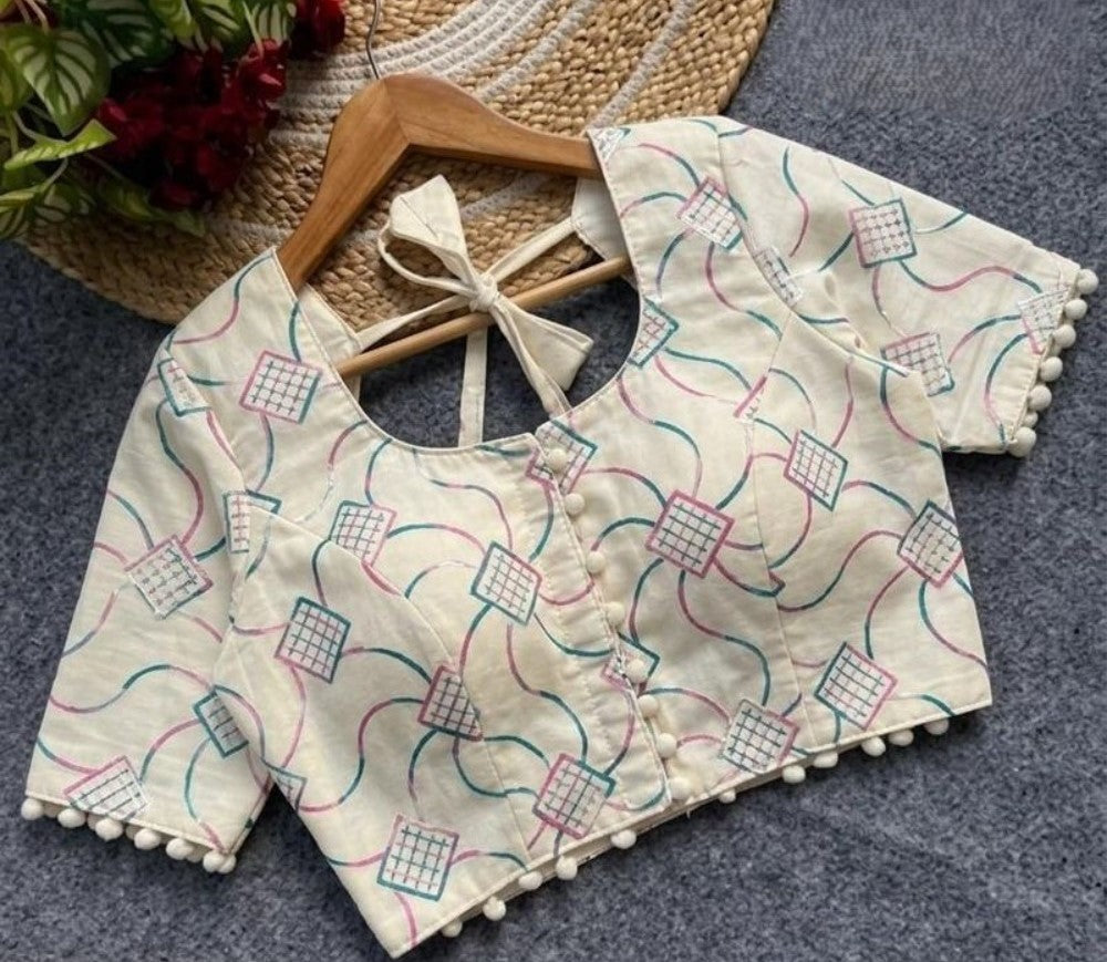 Women's Cotton Printed Half sleeve Round Neck Padded Readymade Blouse (Cream, Size 38 - Self-Alterable 36�40)