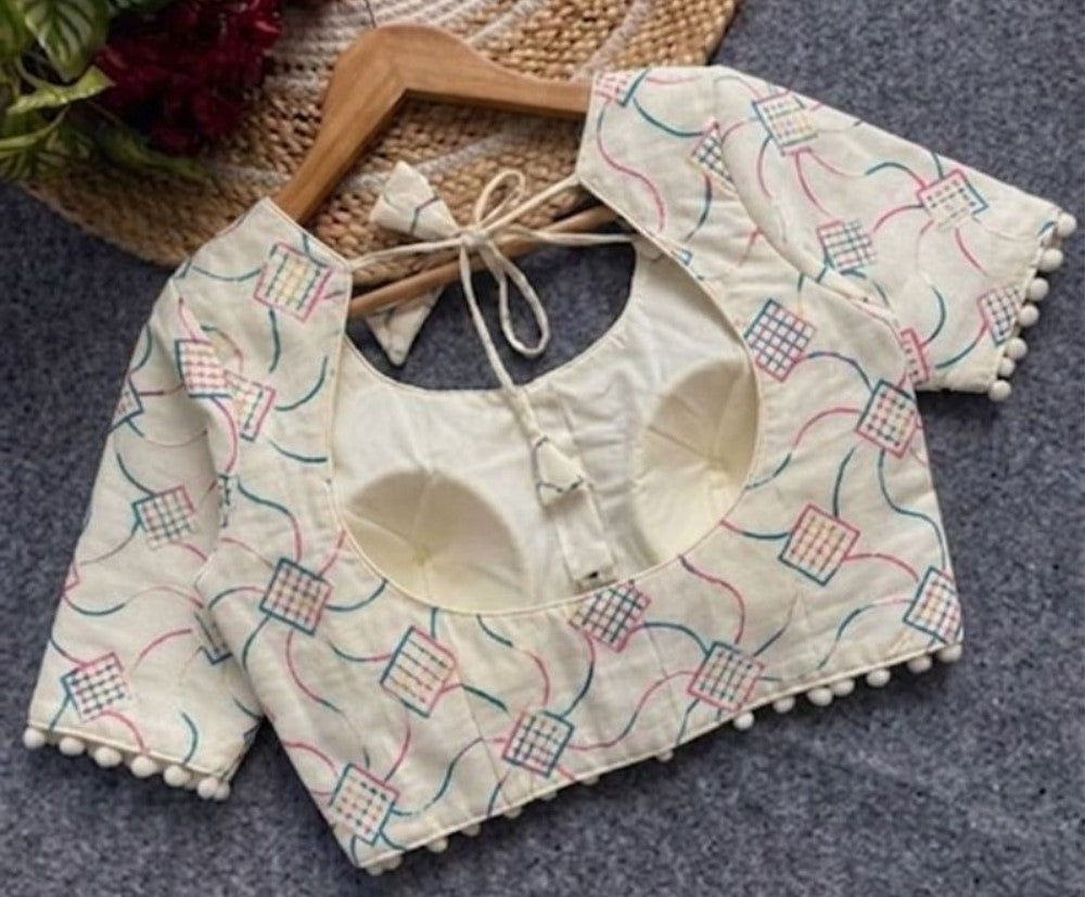 Women's Cotton Printed Half sleeve Round Neck Padded Readymade Blouse (Cream, Size 38 - Self-Alterable 36�40)