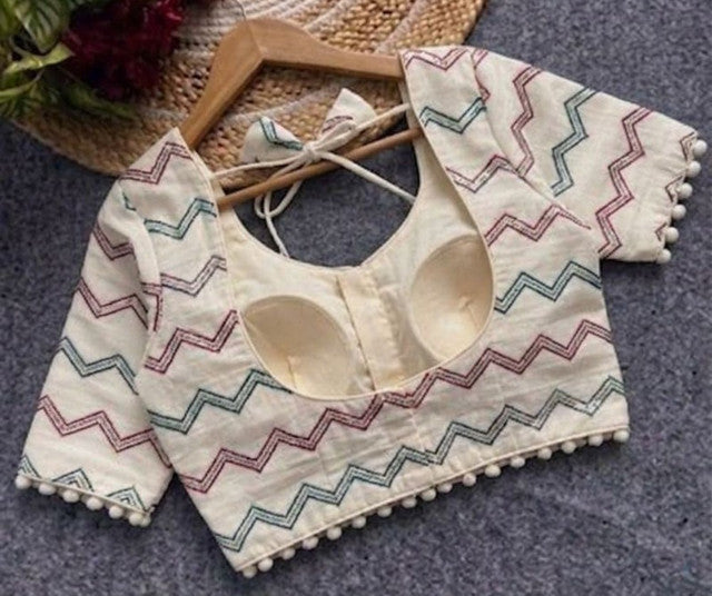 Women's Cotton Printed Half sleeve Round Neck Padded Readymade Blouse (Cream, Size 38 - Self-Alterable 36�40)