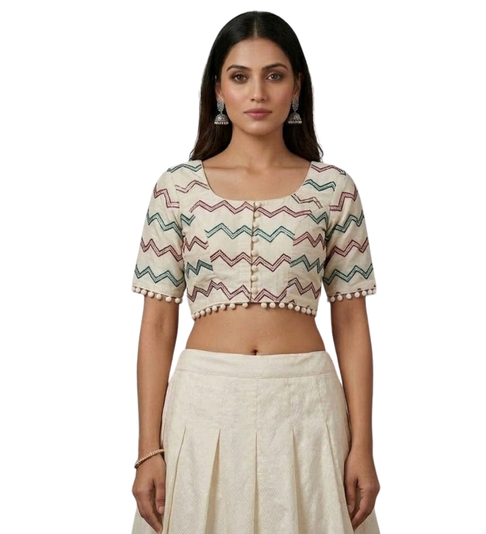 Women's Cotton Printed Half sleeve Round Neck Padded Readymade Blouse (Cream, Size 38 - Self-Alterable 36�40)