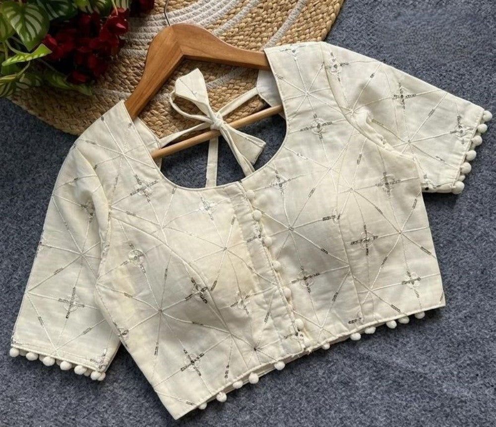 Women's Cotton Printed Half sleeve Round Neck Padded Readymade Blouse (Cream, Size 38 - Self-Alterable 36�40)