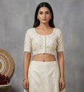 Women's Cotton Printed Half sleeve Round Neck Padded Readymade Blouse (Cream, Size 38 - Self-Alterable 36�40)