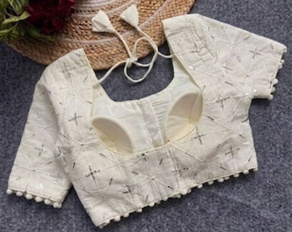 Women's Cotton Printed Half sleeve Round Neck Padded Readymade Blouse (Cream, Size 38 - Self-Alterable 36�40)