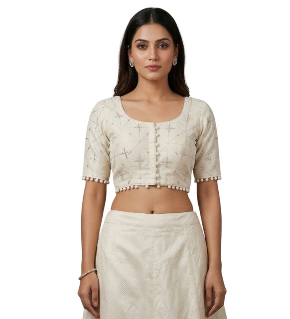 Women's Cotton Printed Half sleeve Round Neck Padded Readymade Blouse (Cream, Size 38 - Self-Alterable 36�40)