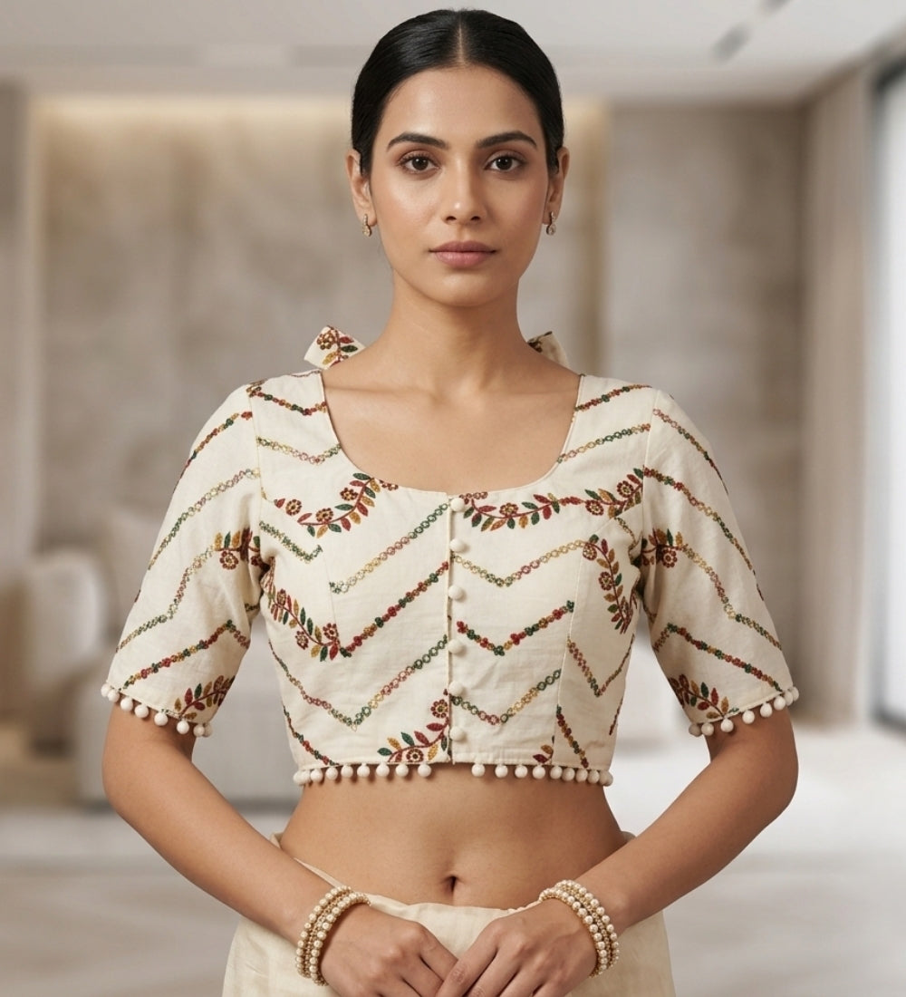 Women's Cotton Printed Half sleeve Round Neck Padded Readymade Blouse (Cream, Size 38 - Self-Alterable 36�40)