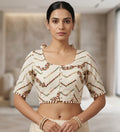 Women's Cotton Printed Half sleeve Round Neck Padded Readymade Blouse (Cream, Size 38 - Self-Alterable 36�40)