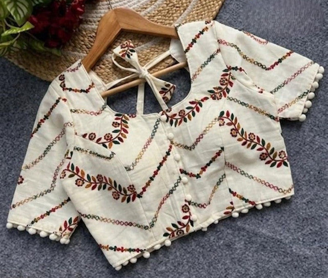 Women's Cotton Printed Half sleeve Round Neck Padded Readymade Blouse (Cream, Size 38 - Self-Alterable 36�40)