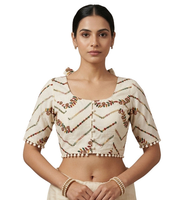 Women's Cotton Printed Half sleeve Round Neck Padded Readymade Blouse (Cream, Size 38 - Self-Alterable 36�40)
