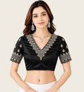 Women's Satin Embroidered Half sleeve V-Neck Padded Readymade Blouse (Black, Size 38 - Self-Alterable 36�40)