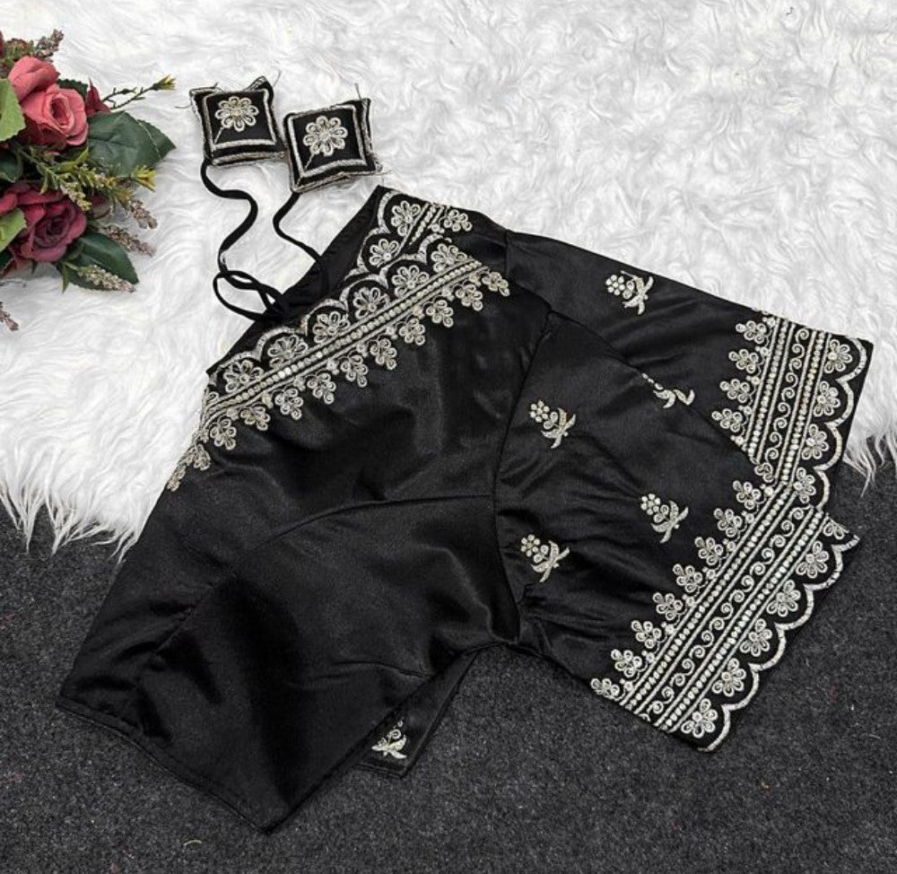 Women's Satin Embroidered Half sleeve V-Neck Padded Readymade Blouse (Black, Size 38 - Self-Alterable 36�40)