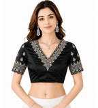 Women's Satin Embroidered Half sleeve V-Neck Padded Readymade Blouse (Black, Size 38 - Self-Alterable 36�40)