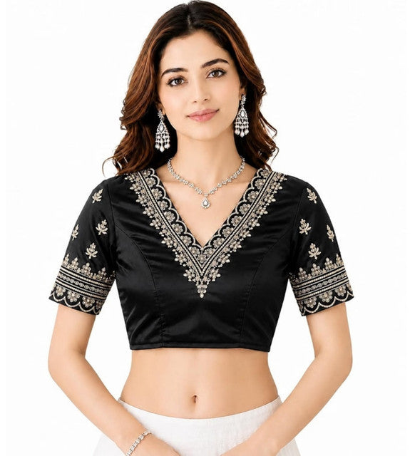 Women's Satin Embroidered Half sleeve V-Neck Padded Readymade Blouse (Black, Size 38 - Self-Alterable 36�40)