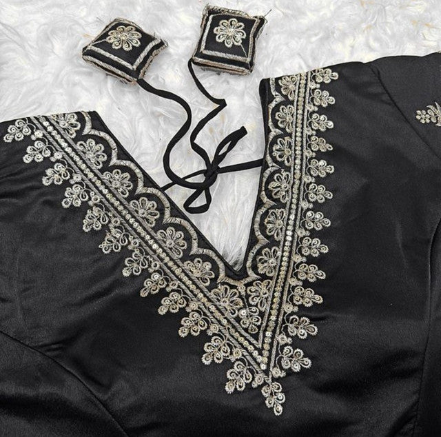 Women's Satin Embroidered Half sleeve V-Neck Padded Readymade Blouse (Black, Size 38 - Self-Alterable 36�40)
