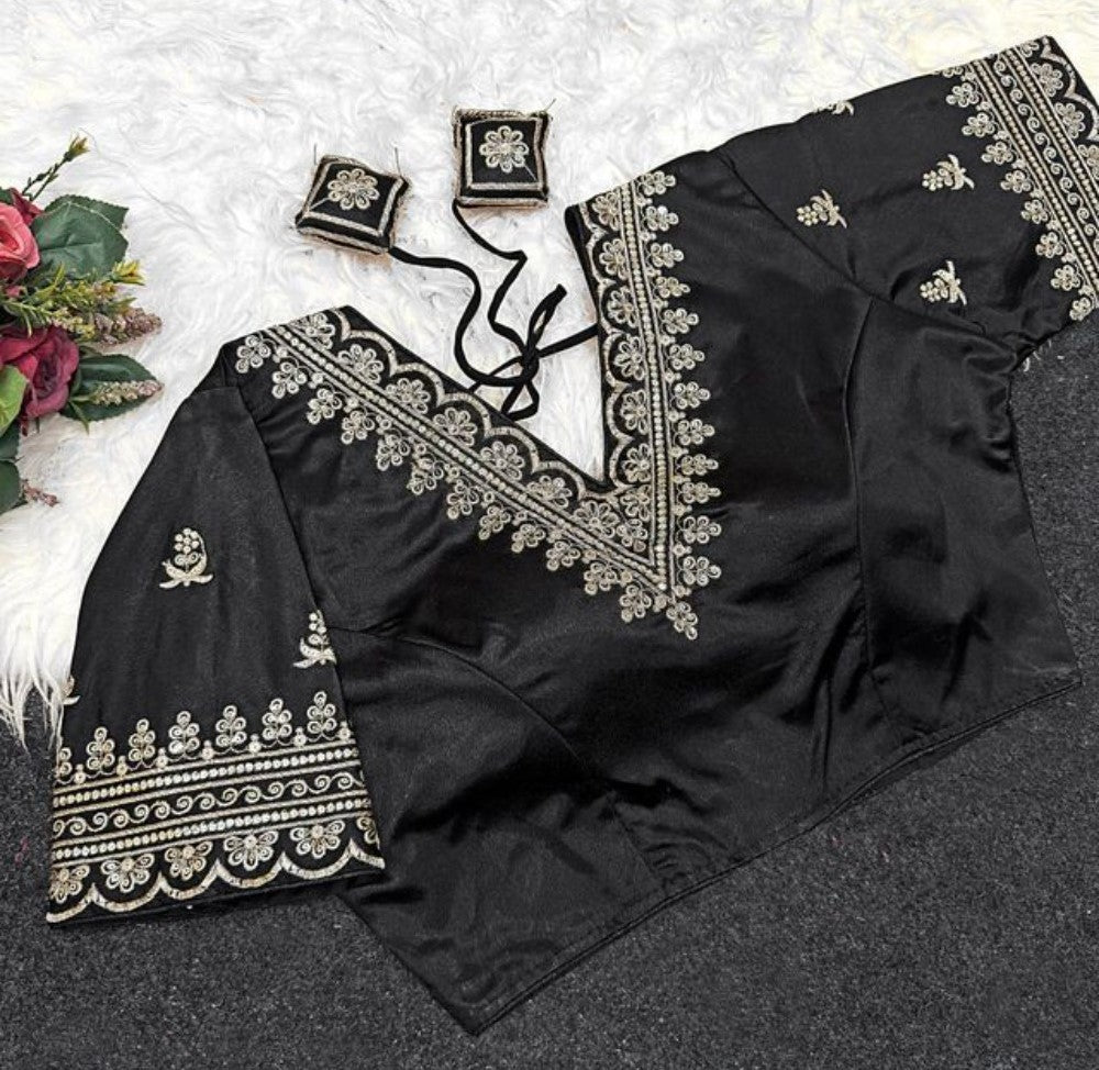 Women's Satin Embroidered Half sleeve V-Neck Padded Readymade Blouse (Black, Size 38 - Self-Alterable 36�40)