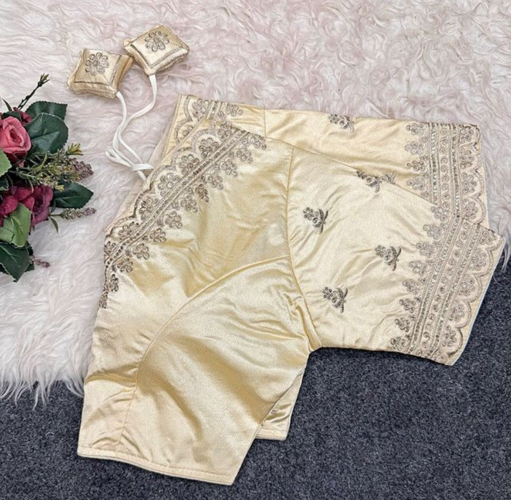 Women's Satin Embroidered Half sleeve V-Neck Padded Readymade Blouse (Cream, Size 38 - Self-Alterable 36�40)