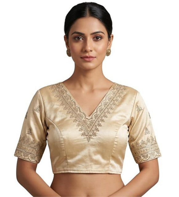Women's Satin Embroidered Half sleeve V-Neck Padded Readymade Blouse (Cream, Size 38 - Self-Alterable 36�40)