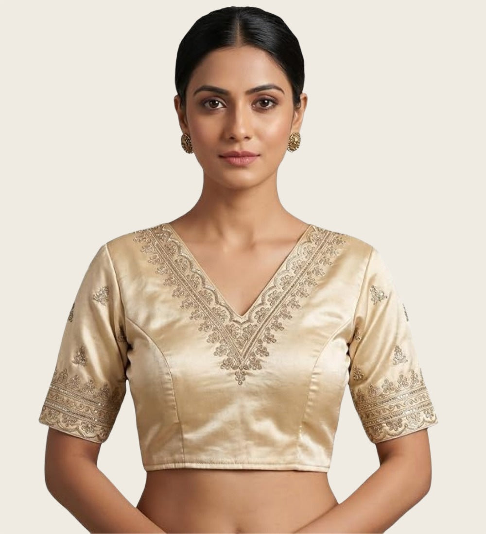 Women's Satin Embroidered Half sleeve V-Neck Padded Readymade Blouse (Cream, Size 38 - Self-Alterable 36�40)