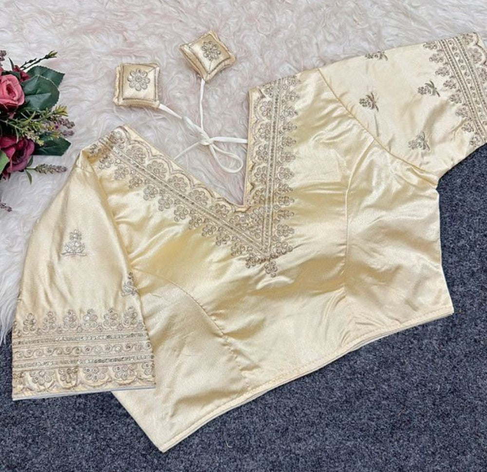 Women's Satin Embroidered Half sleeve V-Neck Padded Readymade Blouse (Cream, Size 38 - Self-Alterable 36�40)