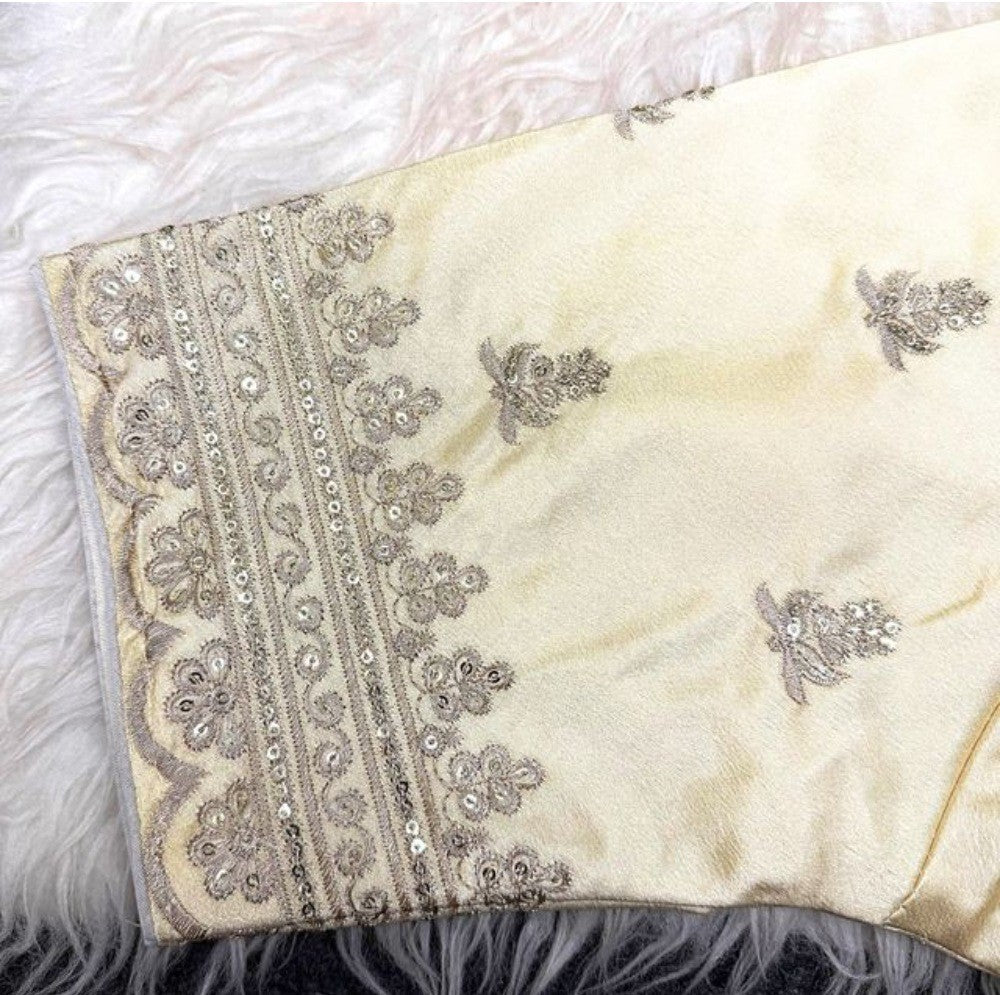 Women's Satin Embroidered Half sleeve V-Neck Padded Readymade Blouse (Cream, Size 38 - Self-Alterable 36�40)