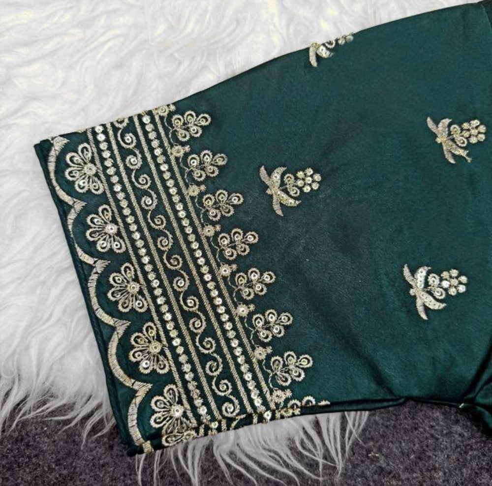 Women's Satin Embroidered Half sleeve V-Neck Padded Readymade Blouse (Dark Green, Size 38 - Self-Alterable 36�40)